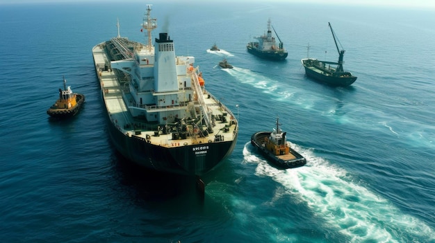 A bunker barge refuels a large oil tanker with both vessels surrounded by a protective barrier of