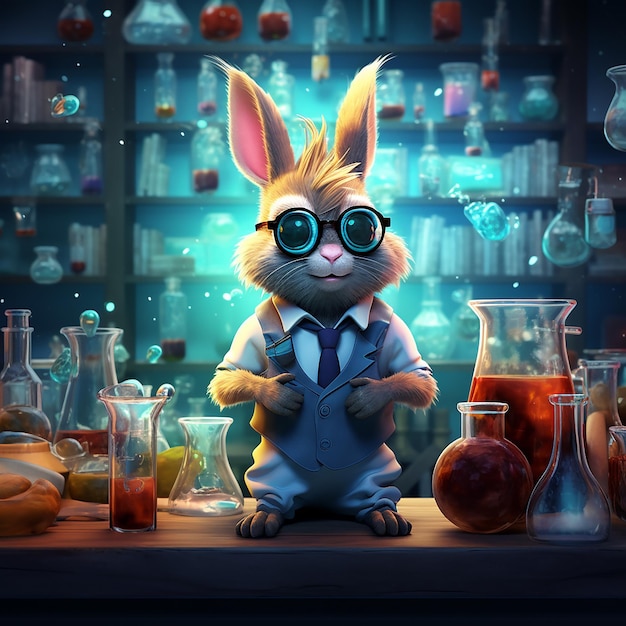 Bunnies are Scientists Too Illustration with a Rabbit in Glasses and Formulas