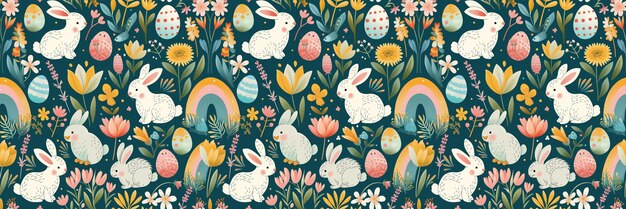 Bunnies chicks eggs among spring flowers and colorful rainbows Generative AI