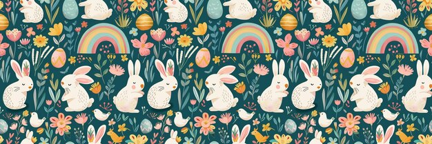 Bunnies chicks eggs among spring flowers and colorful rainbows Generative AI