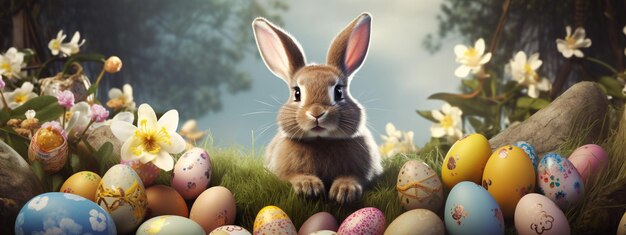 bunnies and Easter eggs on a white background Selective focus Generative AI