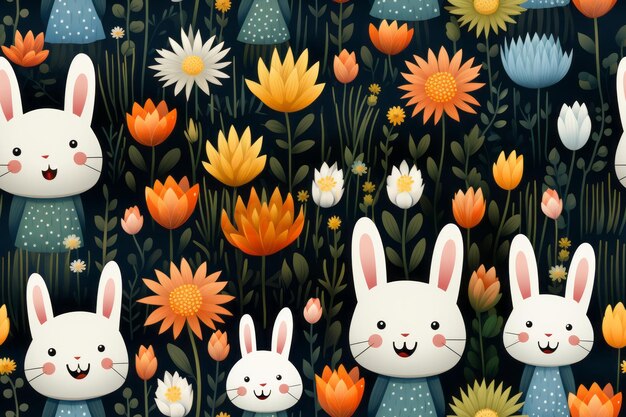 Bunnies and flowers in a seamless pattern