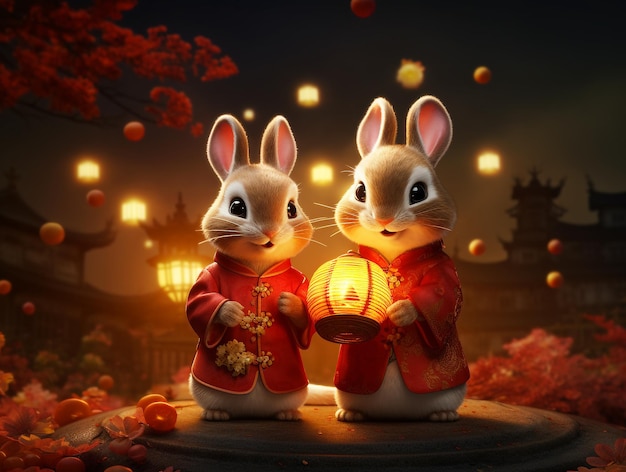 Bunnies holding hands with chinese lantern