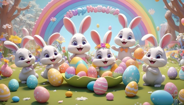 ウサギは喜びに満ちた祝いを主催します 卵 花と虹がこの3Dイースターの不思議な世界を飾っています