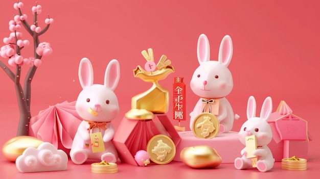 Кролики, изолированные на розовом фоне, включая золотые слитки, монеты японской сосны, красный конверт, облачный кролик с монетами, кролик с красным конвертом и шестиугольной коробкой