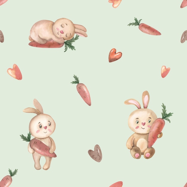 Bunnies with carrot on green background Watercolor animals for Easter Seamless pattern