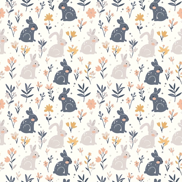 Bunnies with spring flowers seamless pattern Can be used for gift wrapping wallpaper background