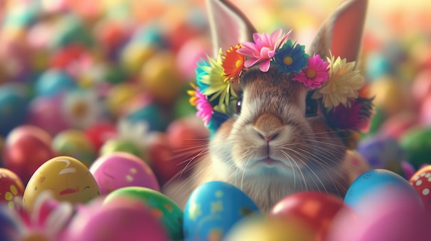 Foto un coniglietto adornato con una corona di fiori tra le uova di pasqua in un evento a tema magenta