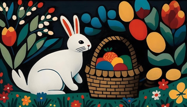 A bunny and a basket of easter eggs