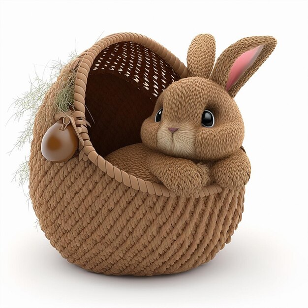 Photo a bunny in a basket with a brown basket