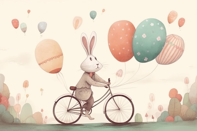 A bunny on a bicycle with balloons