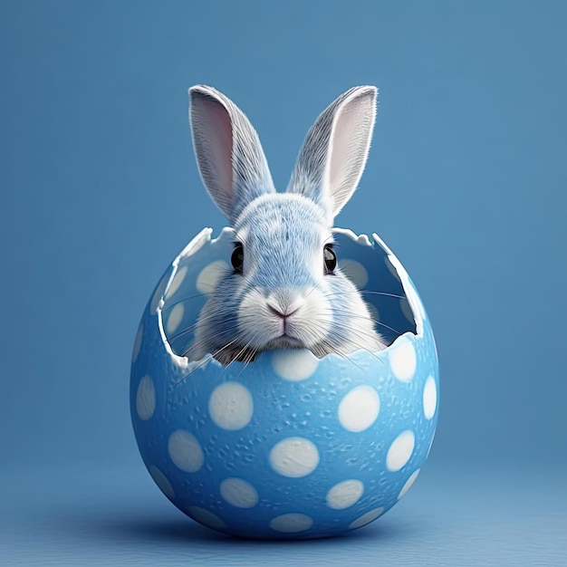 a bunny in blue polka dot egg in the style of hyperrealism and photorealism