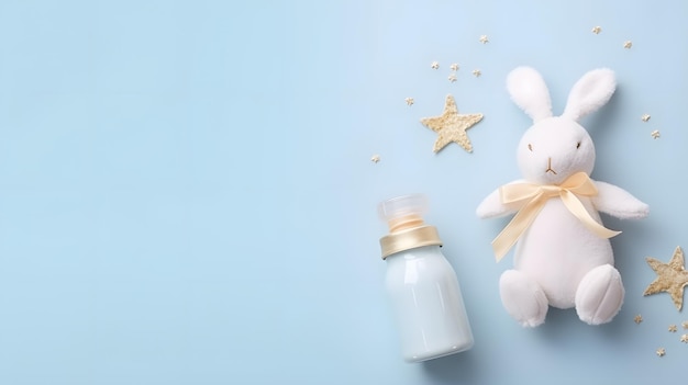 A bunny and a bottle of milk on a blue background