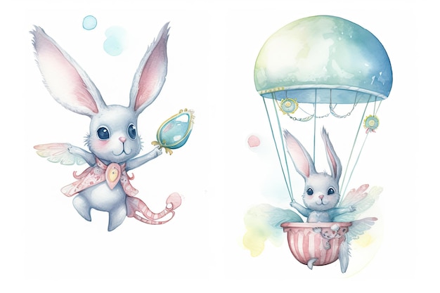 A bunny boy and girl soaring on a balloon Illustrations for a baby shower drawn by hand in watercolor and isolated on a white backdrop