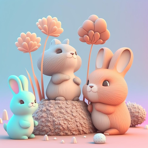 A bunny and a bunny are sitting on a rock.