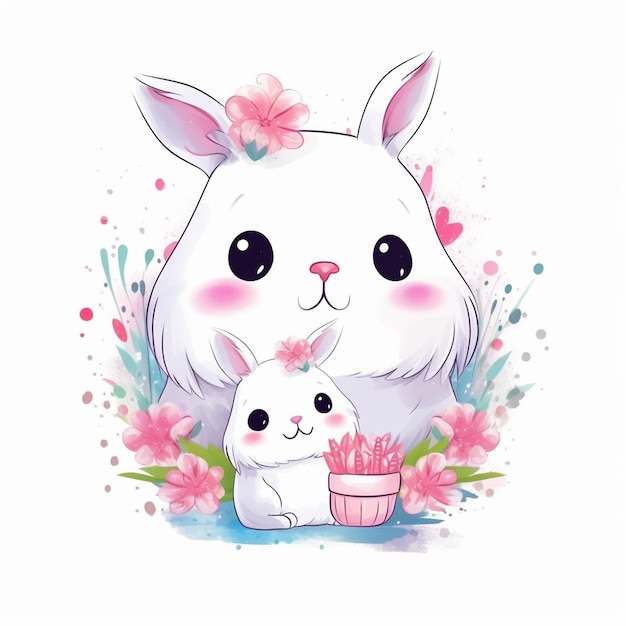 A bunny and a bunny are standing in a flowery garden.