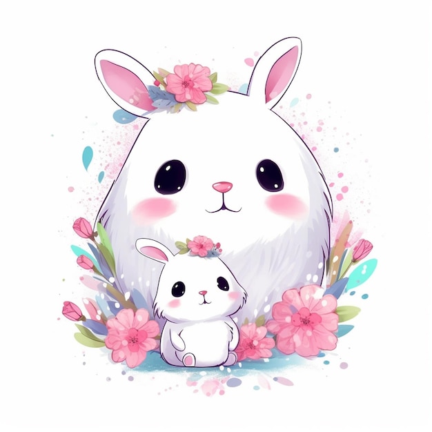 A bunny and a bunny are surrounded by flowers.