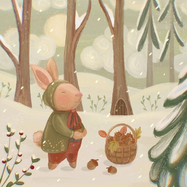 bunny collecting acorns in the winter forest cartoon illustration