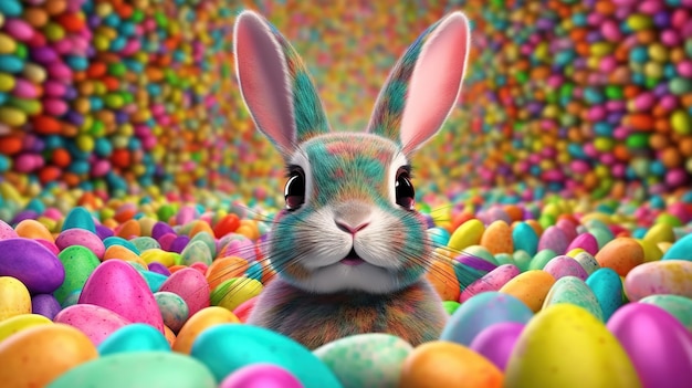 A bunny in a colorful easter egg shell