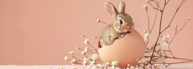 Bunny coming out of a Soft Eggshell Against a PeachColored Background