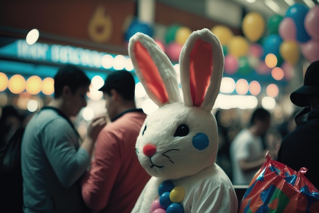 A bunny in a crowd with a man in a hat and a woman in a pink shirt