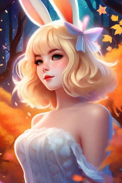 할로윈 숲의 토끼 꿈 백색 드레스를 입은 금발 애니메이션 소녀