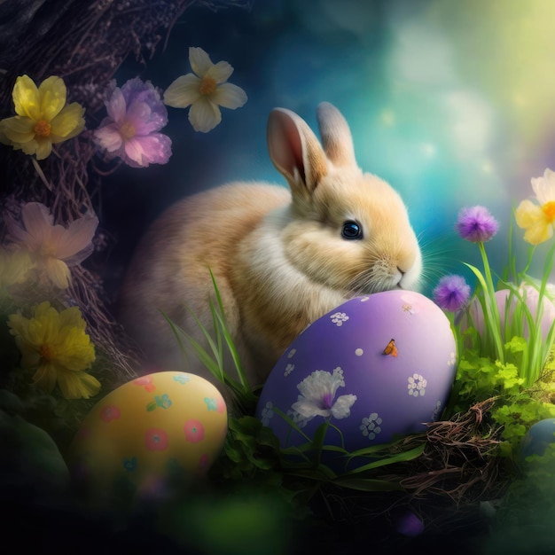 A bunny and a easter egg are in a grass.