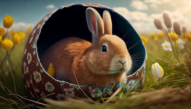 Пасхальное яйцо кролика, помещенное в корзину