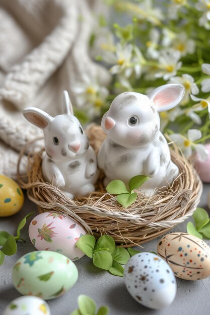 Bunny and easter eggs easter background