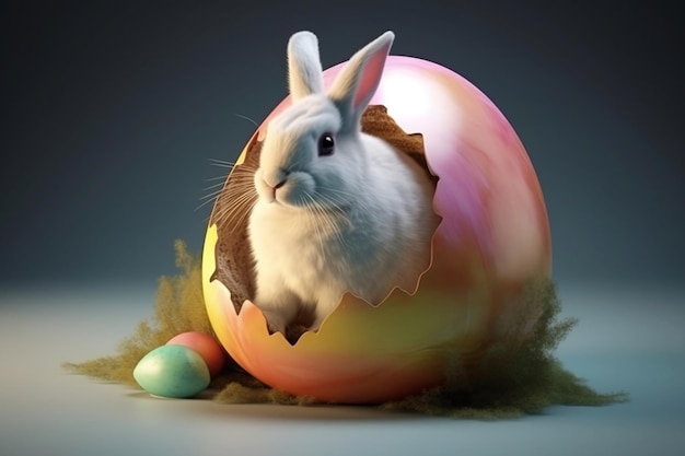 A bunny in a egg with a painted egg