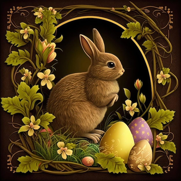 A bunny and eggs are in a frame with a wreath and the words " easter " on it.