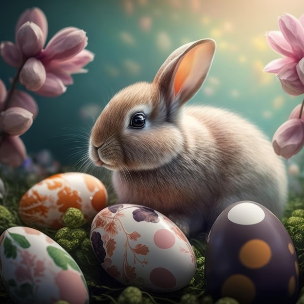 A bunny and eggs in a nest with flowers
