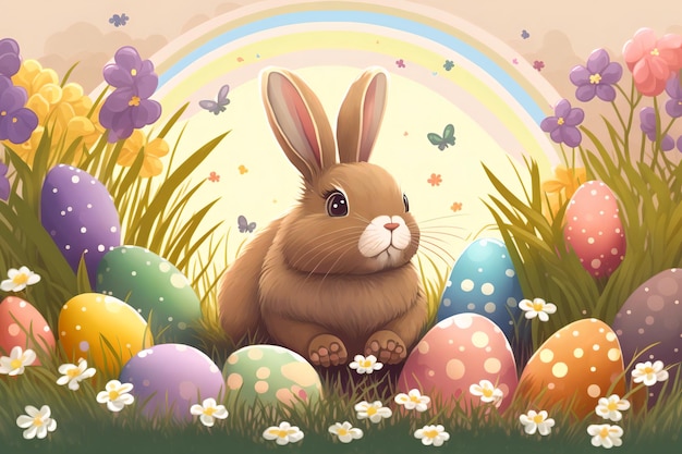 A bunny in a field of decorated easter eggs