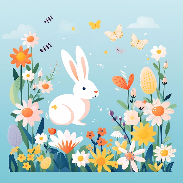 a bunny in a field of flowers and butterflies