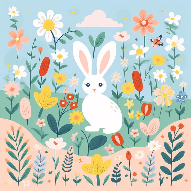 a bunny in a field of flowers and butterflies