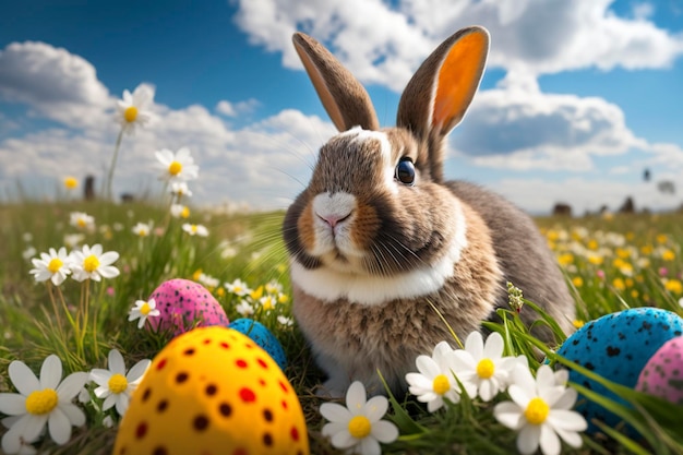 A bunny in a field of flowers with easter eggs in the foreground.