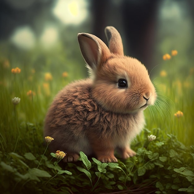 A bunny in a field of flowers with a green background