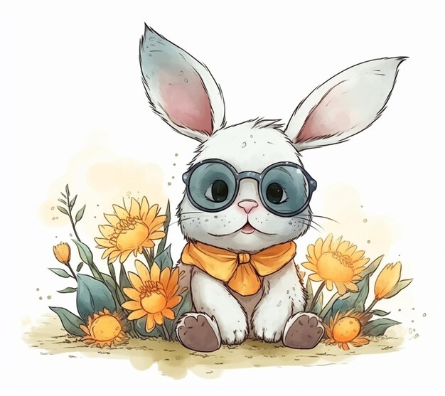 A bunny in a field of flowers.