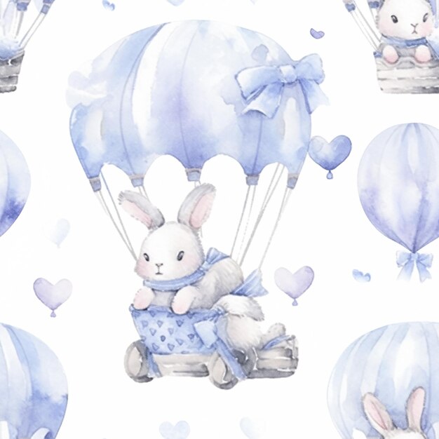 Photo bunny flying with balloon in the sky watercolor illustration