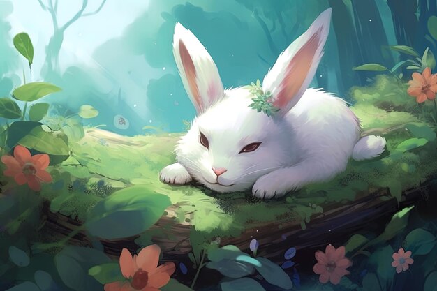 a bunny in the forest with flowers and a tree branch