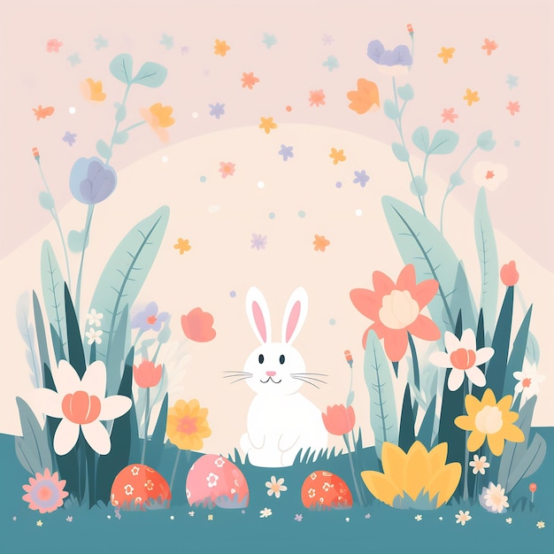 a bunny in a garden with flowers and a picture of a bunny