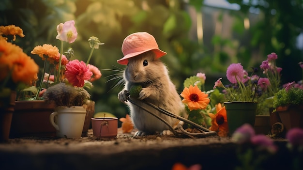 Кролик в шляпе садовника, ухаживающий за причудливым садом миниатюрных цветов и растений