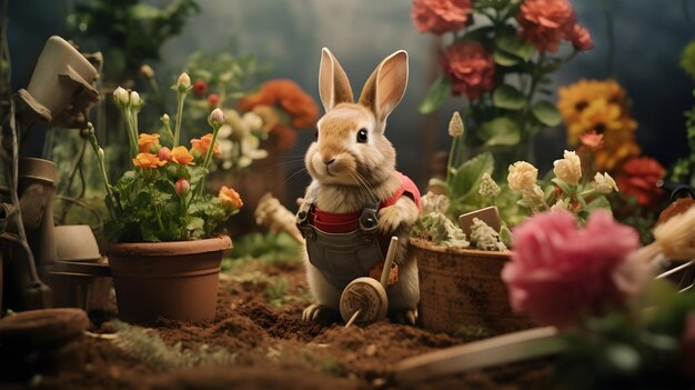 A bunny in a gardeners hat tending to a whimsical garden of miniature blooms and plants