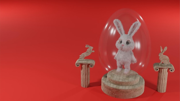 A bunny in a glass egg with a dragon on it