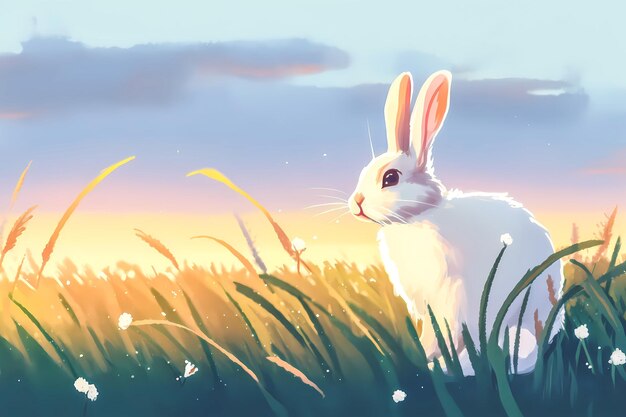 A bunny in the grass at sunset