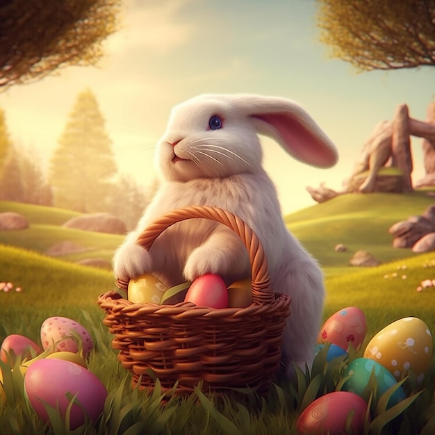 A bunny holding a basket of easter eggs in a field.