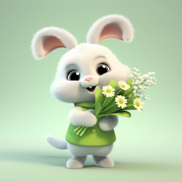 A bunny holding a bunch of flowers in its hands