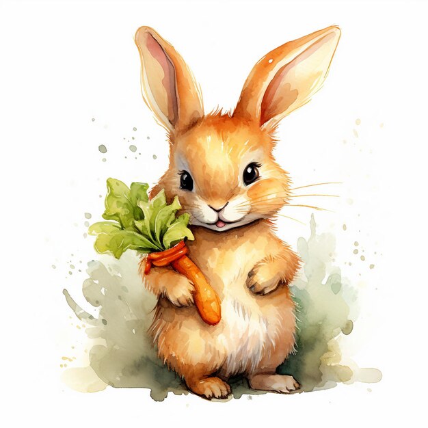 Photo bunny holding carrot watercolor on a white background