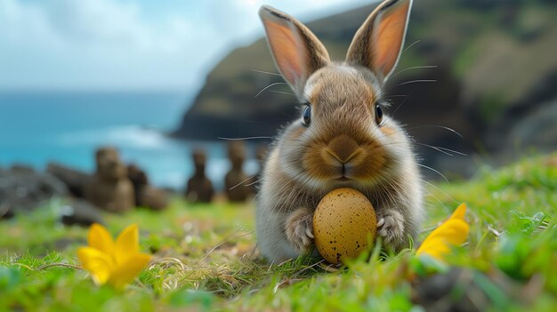 A Bunny holding Easter egg on Easter Island Rapa Nui against the background of Moai statues