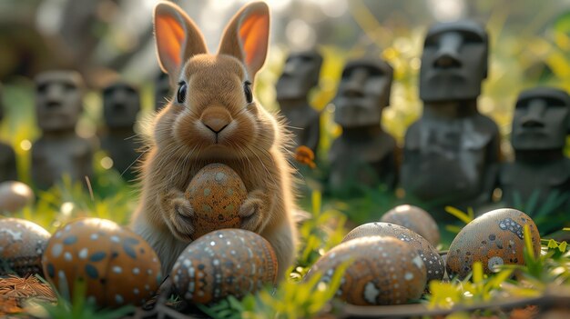 A Bunny holding Easter egg on Easter Island Rapa Nui against the background of Moai statues